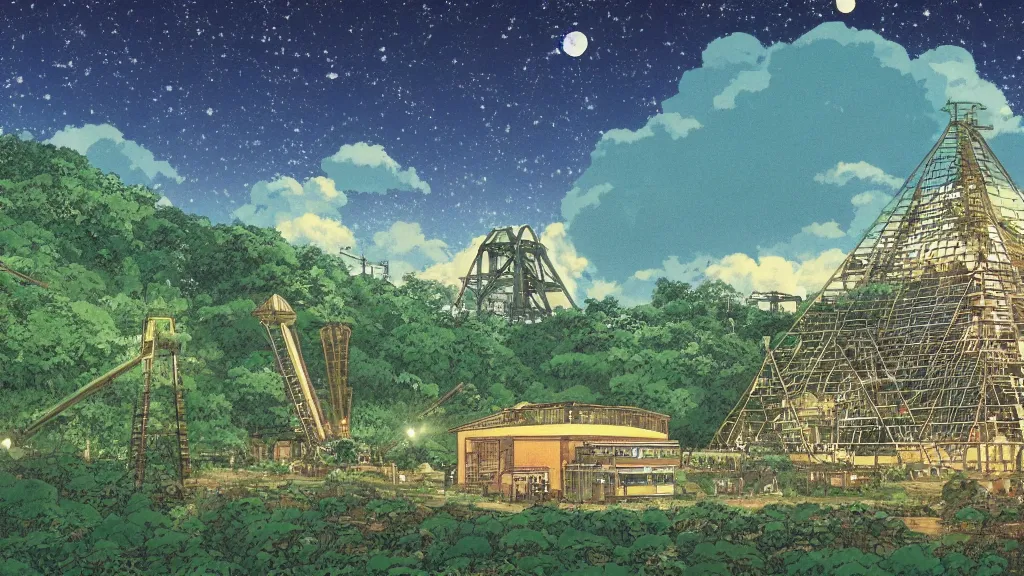 Image similar to a movie still from a studio ghibli film showing a huge industrial mining runoff storage facility and a pyramid under construction in the background, in the rainforest on a misty and starry night. by studio ghibli