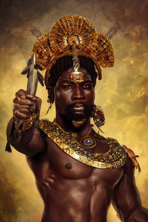 Prompt: ogun with a great spear, African warrior deity with golden and jeweled adornment, orisha God hunters and craftsmen, strong masculine features, menacing cinematic mid portrait, digital illustration, octane render trending on arstation by artgerm, raphaelite and mucha
