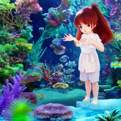 Prompt: Manga cover portrait of an extremely cute and adorable beautiful curious girl peering into a vibrant aquarium, 3d render diorama by Hayao Miyazaki, official Studio Ghibli still, color graflex macro photograph, Pixiv, DAZ Studio 3D