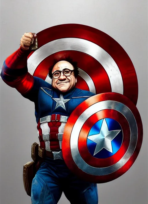 Prompt: Portrait of Danny Devito as Captain America, He is Holding his shield while posing, realistic, detailed, 4k by Greg Rutkowski Mark Arian trending on artstation