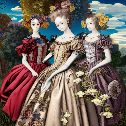 Image similar to 8k, realism, renaissance, baroque, group of creepy young ladies wearing renaissance long harajuku manga dress with flowers and skulls, background chaotic flowers