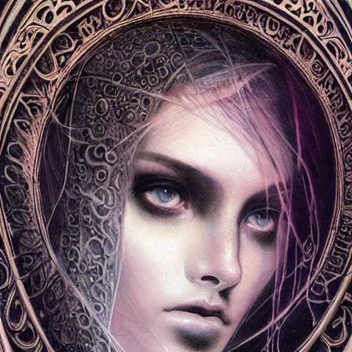 Image similar to Extreamly beautiful Eyes, Luis Royo, tattooed face, Hypnotic Eyes, Emotional Eyes, by Annie Swynnerton and Nicholas Roerich and jean delville, glowing paper lanterns, strong dramatic cinematic lighting , ornate tiled architecture, lost civilizations, smooth, sharp focus, extremely detailed