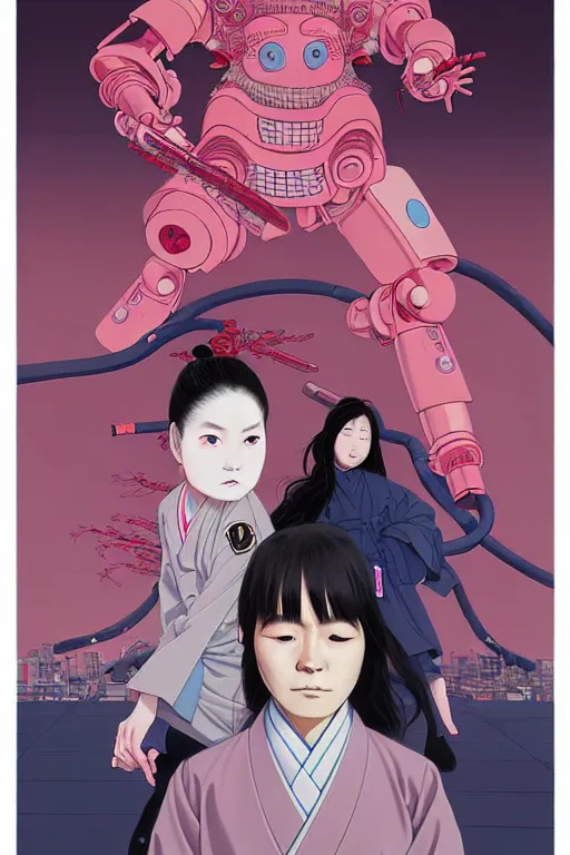 Image similar to Artwork by James Jean, Phil noto and hiyao Miyazaki ; (1) a young Japanese future samurai police lady named Yoshimi battles an (1) enormous evil natured carnivorous pink robot on the streets of Tokyo; Japanese shops and neon signage; crowds of people running; Art work by hiyao Miyazaki, Phil noto and James Jean