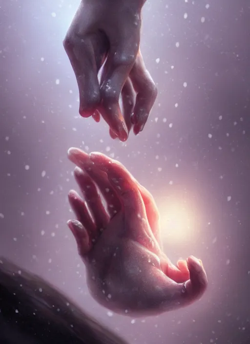 Image similar to a tiny fairy body lays lifeless in the palm of a hand, raindrops, dramatic lighting, cinematic, establishing shot, extremely high detail, foto realistic, cinematic lighting, post processed, concept art, artstation,