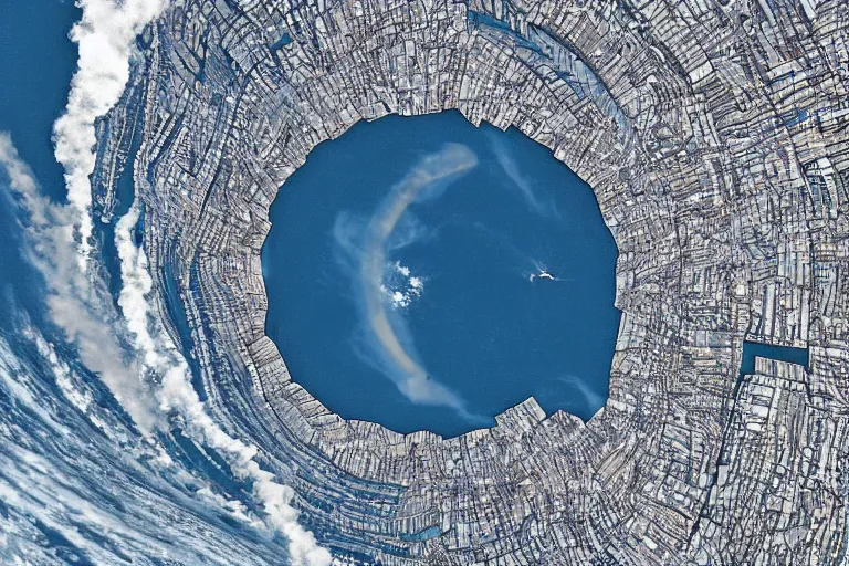 Prompt: brigantine sailing around massive whirlpools. next to a massive cube in the middle of the ocean. seen from space photograph in the style of jean guichard's la jumont. r / superstructures