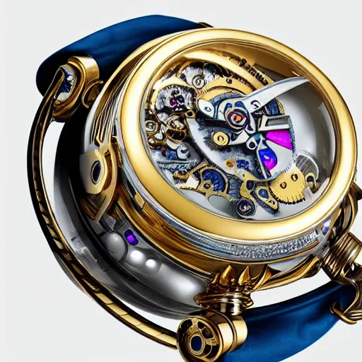 Image similar to a steampunk sleek, jewelled, tropical bird repeater watch by Jaquet Droz, highly detailed illustration highlights, gold and silver highlights, neon blue highlights, macro photography, F/2.8, trending on artstation, octane render