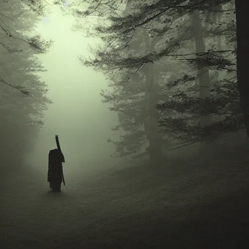 Image similar to a samurai walks alone through the woods at night, gloomy, dark, foggy, night, ominous, dark color, atmospheric, cinematic lighting, intricate detail?