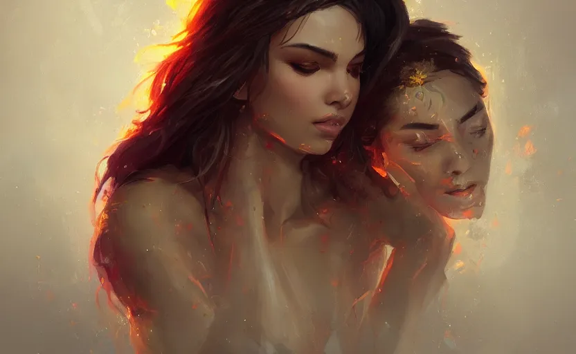 Prompt: a painting of jasmine trending on artstation in the style of greg rutkowski, beautiful, sensual, flower, portrait, adorable, alter, hell, fire hair, fire, petals