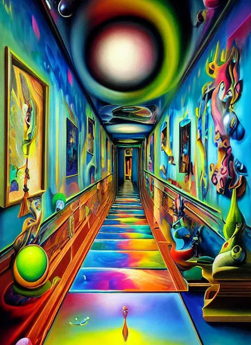 Image similar to an extremely high quality hd surrealism painting of a 3d slow-shutter galactic neon complimentary colored cartoon surrealism melting optical illusion hallway by kandsky and salviadoor dali the seventh, salvador dali's much much much much more talented painter cousin, 4k, ultra realistic, super realistic, so realistic that it changes your life