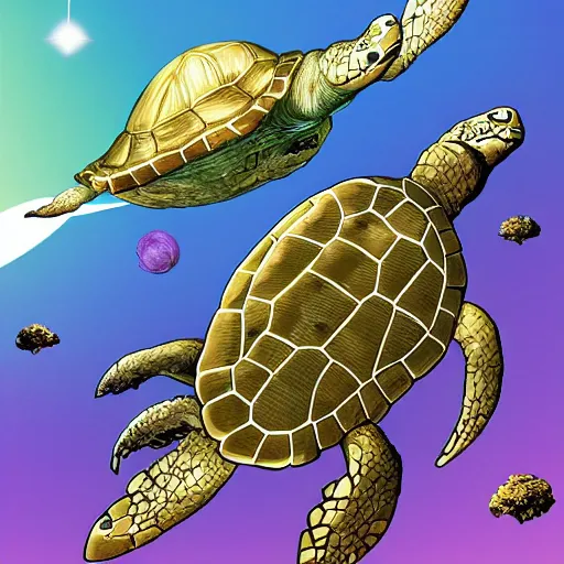 Prompt: turtle floating through space with a medieval city on it's back shell, Chris Pratt, comic