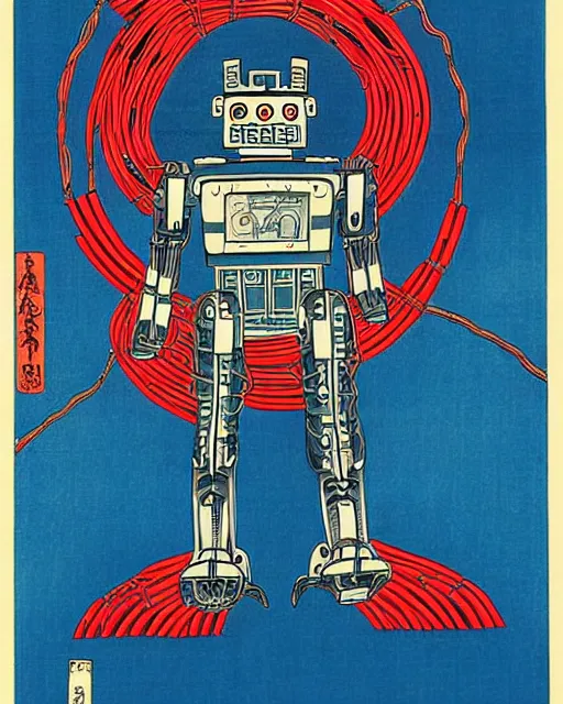 Image similar to Hiroshige portrait of a robot saint made of cables and robotic pod by Jack Kirby