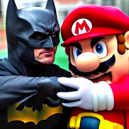 Image similar to batman happy to take a selfie with mario