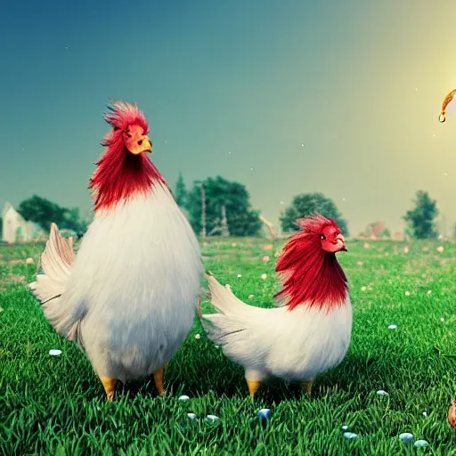 Image similar to magical sparkling chickens frolicking in a field, photorealistic, hyperrealistic, 8 k