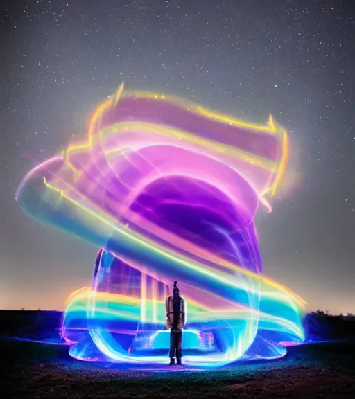 Image similar to lokah samastah sukhino bhavantu, light painting, iridescent, volumetric lighting, majestic light, ethereal, hyperrealistic, at night, epic, masterpiece, by reuben wu