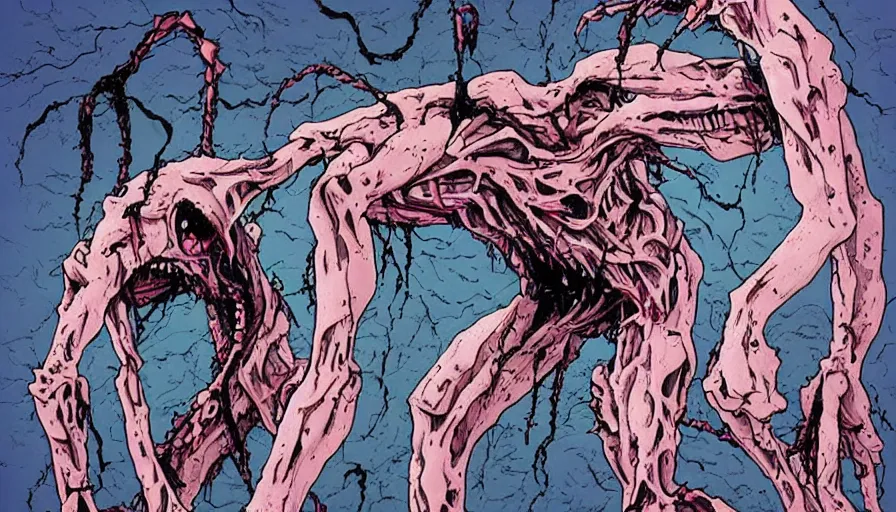 Image similar to a disgusting and vile monster eating a person, neon genesis evangelion inspired, The Thing, Horror necro-morph by Cronenberg and greg nicotero special effects