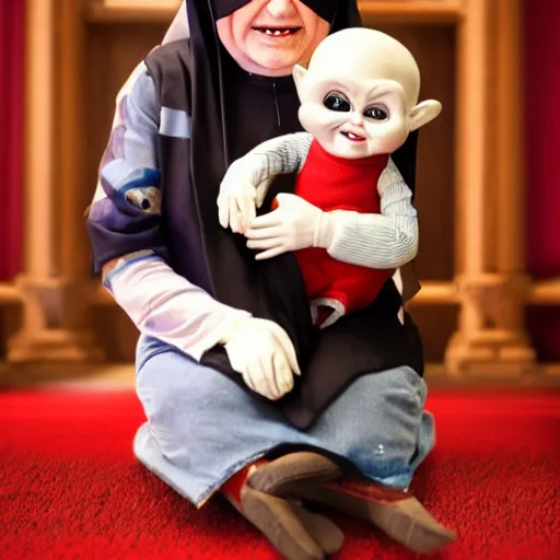 Prompt: a nun in church holding chucky the evil looking killer doll on her lap