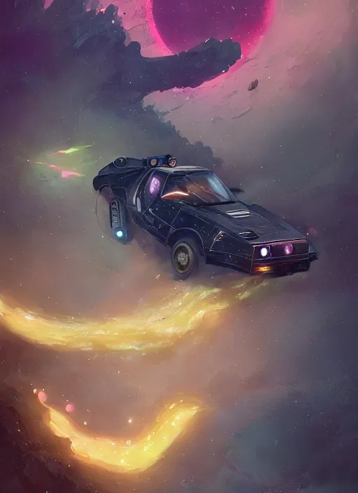 Prompt: the mandalorian in a 1 9 2 2 delorean, very detailed, space vibe, nebula, illuminated, digital illustration, vibrant, futuristic, greg rutkowski, tom bagshaw