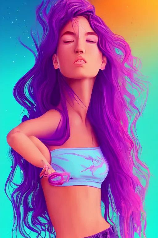 Prompt: a award winning half body porttrait of a beautiful woman in a croptop and a belly button ring with ombre purple pink teal hairstyle with head in motion and hair flying, outrun, vaporware, shaded flat illustration, digital art, trending on artstation, highly detailed, fine detail, intricate