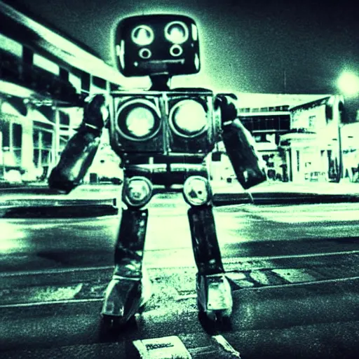 Image similar to giant robot at night, humanoid, eyes, historical photo, grainy, vintage, stark light, dramatic lighting, evil smile, street at night, cars in the background, trash on the ground, night sky, scary, evil