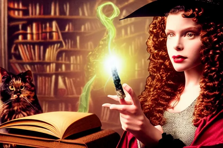 Image similar to hclose up portrait, dramatic lighting, teen witch calmly pointing a magic wand casting a spell over a large open book on a table with, curly hair, cat on the table in front of her, sage smoke, a witch hat cloak, apothecary shelves in the background, still from the movie hook