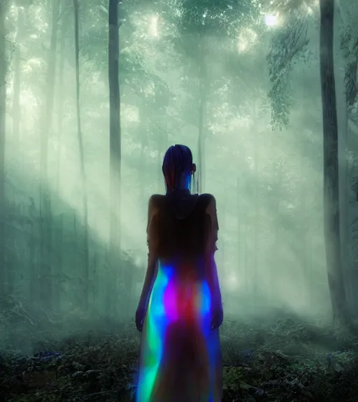 Image similar to daydreaming of the maiden with fuidity transparent dress in the blockchain cyberpunk forest by maciej kuciara, majestic light, octane render, beauty fog, ethereal glare of the sun, raining rainbow, volumetric lighting, hyperealistic, epic, masterpiece