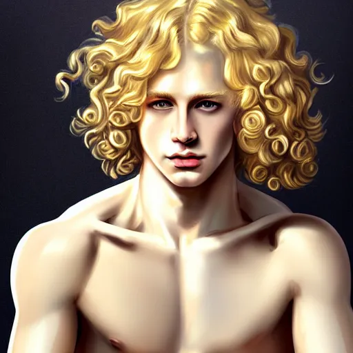 Image similar to the pale blond androgynous male god of the sun, highly detailed, very very very curly golden blond hair, baroque curls, curtain bangs, central parted fringe, extremely luscious curly blond hair, very very very pale white skin, digital painting, artstation, concept art, soft light, sharp focus, illustration