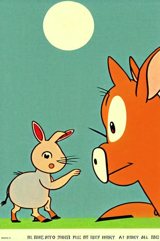 Image similar to by richard scarry. donkey. a 1 9 5 0 s retro illustration. studio ghibli. muted colors, detailed