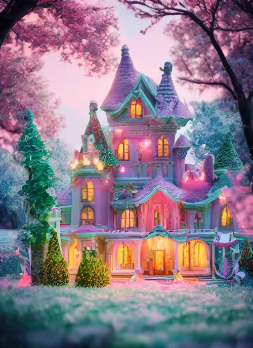 Prompt: Magical enchanted house on a candy biome full of candys, cotton candy trees, cinematic shot, intricate, ornate, photorealistic, ultra detailed, realistic, 100mm, photography, octane, high definition, depth of field, bokeh, 8k, artstation