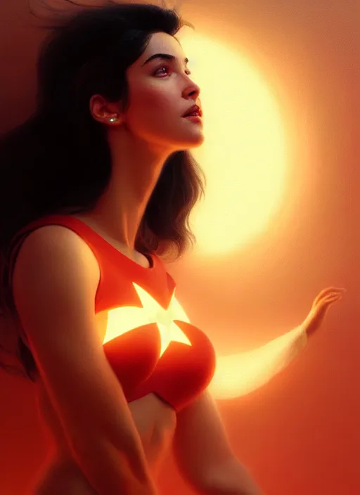 Prompt: portrait of darna phoebe cates intricate, elegant, glowing lights, highly detailed, digital painting, artstation, glamor pose, concept art, smooth, sharp focus, illustration, art by wlop, mars ravelo and greg rutkowski