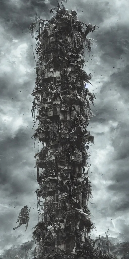 Image similar to editorial photo of tower in the jungle full of climbing people, armored warriors and Amazon climbs and fight, epic,three point perspective, vintage, blood, slight inspiration of Boris vallejo and apocalypto, war photography