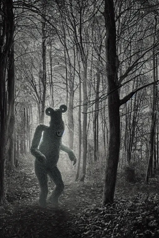 Image similar to trailcam night vision photograph of an abhorrent eldritch demonic forest teletubby creature. 8 k resolution