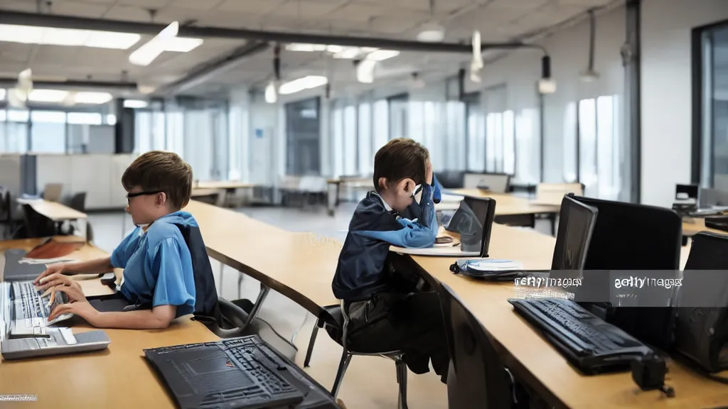 Prompt: school kid sitting at a computer desk, hacking, stock photo