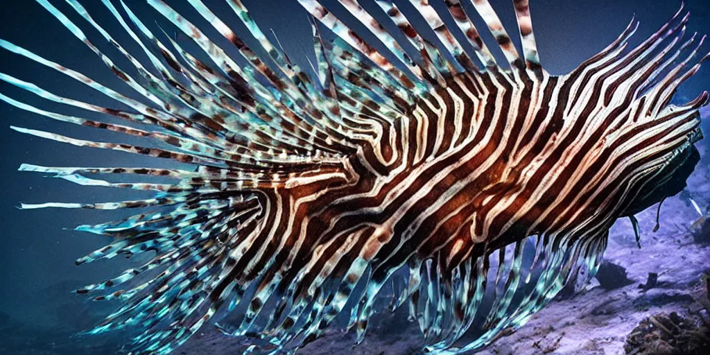 Image similar to lionfish, stylized layered textures, long flowing fins, bioluminescent orbs, 3 d render, substance painter, glowing eye, smooth, sharp focus, art by h r giger