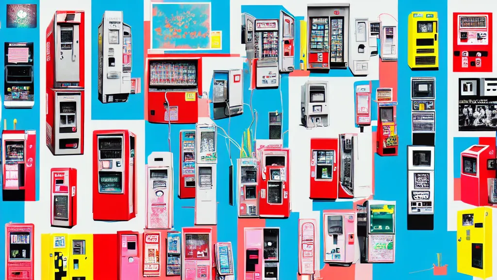 Image similar to a flashy row of vending machines, japan, a collage painting, in the style of wes anderson, lola dupre, david hockney, isolated on negative white space background dark monochrome neon spraypaint accents volumetric octane render