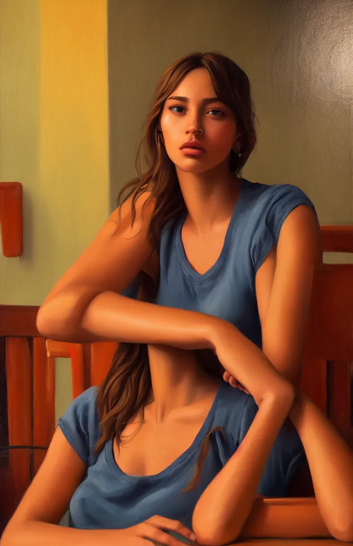 Prompt: a portrait of a beautiful girl sitting in a cafe, cuban setting, warm colors, soft lighting, atmospheric, cinematic, moody, in the style of diego koi, gina heyer, luiz escanuela, art by alyssa monk, hyperrealism, rule of thirds, oil on canvas, 8 k