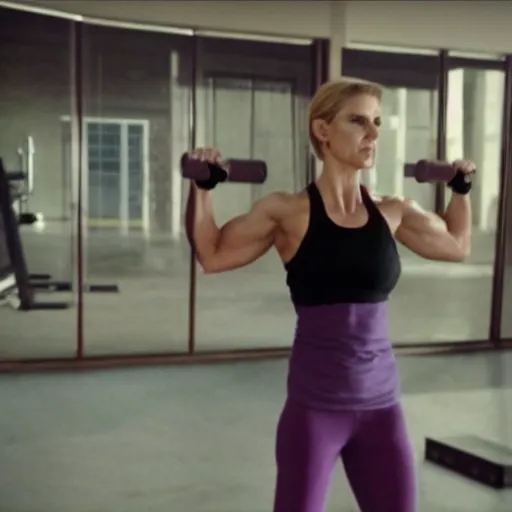 Image similar to muscular Kim Wexler working out in a jim, movie still, photorealistic