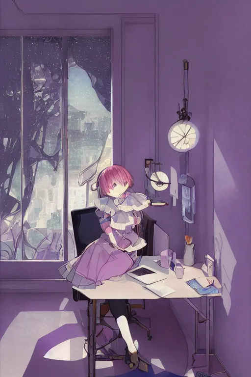 Image similar to a girl playing with a cat A comfortable study room at night,purple and blue theme,geometric shapes,S line,hard edges,jk uniform ,Hairdryer by mucha and krenz cushart and range murata