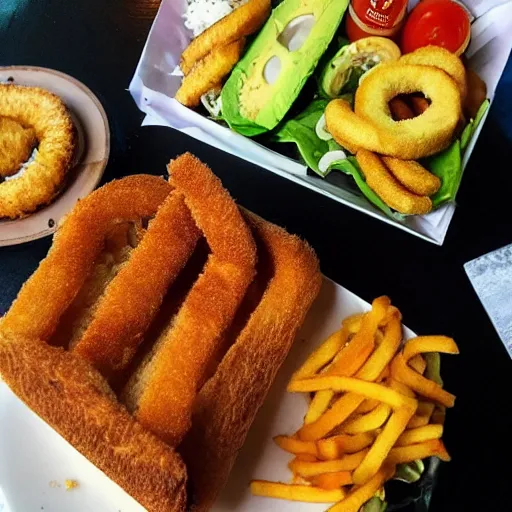 Image similar to sandwich with fried tofu, also one tomato slice, two onion rings, avocado and cheddar, over a dish, with a sunset background and saturn and stars in the sky, amazing light