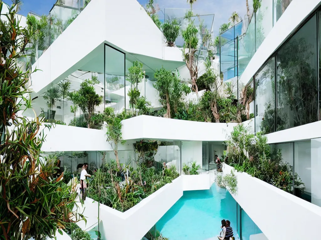 Prompt: white terraced architecture office in the dessert, many plants and infinite pool, colorful glass wall, joyful people in the house