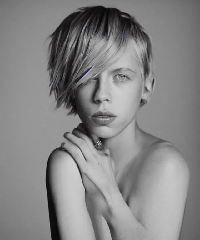 Image similar to a color photograph of edie campbell, bleached blonde short hair, by carrie mae weems, intense, bold, hyperrealistic, ultra sharp, extra details, ultra high quality, trending on pinteresst