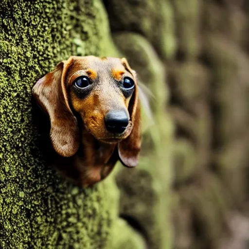 Image similar to rock wall covered with moss. dew droplets forming the shape of a dachshund. macro photography