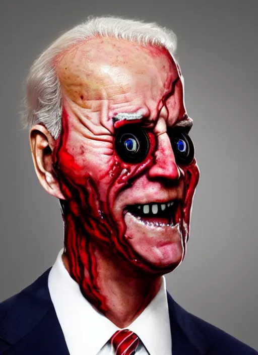 Image similar to hyper realistic terror photo Doom horror furious glowing red eyes biden