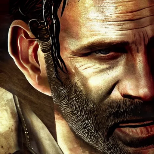 Image similar to rick grimes in resident evil, artstation hall of fame gallery, editors choice, #1 digital painting of all time, most beautiful image ever created, emotionally evocative, greatest art ever made, lifetime achievement magnum opus masterpiece, the most amazing breathtaking image with the deepest message ever painted, a thing of beauty beyond imagination or words