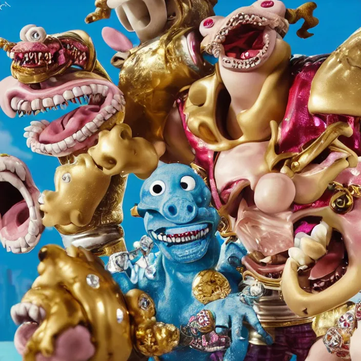 Image similar to jeff koons hip hop style street sharks wearing diamond grillz and a ton of bussdown iced gold bling in wallace & gromit claymation, ultra realistic, concept art, intricate details, serious, highly detailed, photorealistic, octane render, 8 k, unreal engine, art by todd mcfarlane and artgerm and greg rutkowski and alphonse mucha