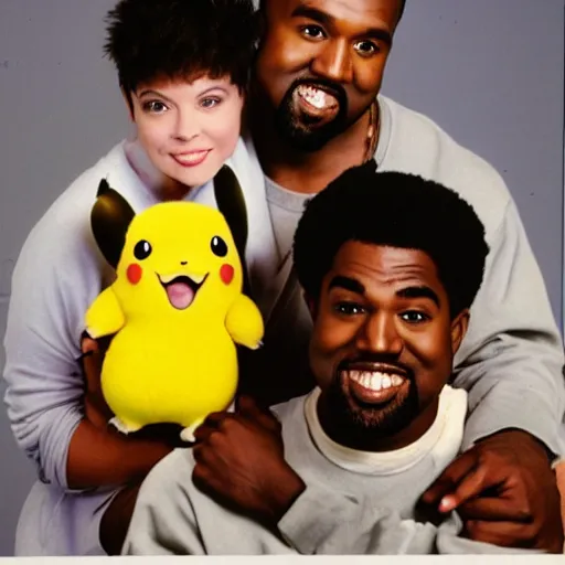 Image similar to kanye west smiling holding pikachu for a 1 9 9 0 s sitcom tv show, studio photograph, portrait c 1 2. 0