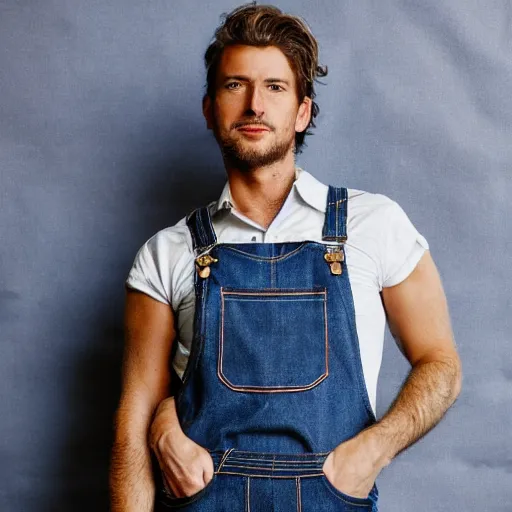 Image similar to wallaby wearing denim overalls that have a front pocket, fashion magazine photograph, studio lighting