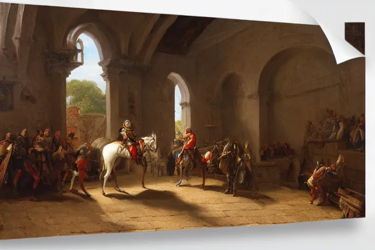 Image similar to an oil painting of a knight wearing plate armor entering a medieval church on a horse, 4 k, highly detailed, painted by thomas cole