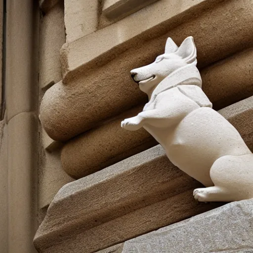 Image similar to corgi gargoyle made of stone, uncropped, photography