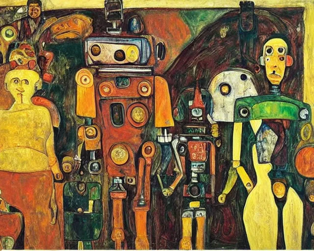 Image similar to a painting of a robot family portrait by graham sutherland, egon schiele, expressionism