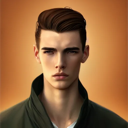 Prompt: man in his twenties with brown blond short quiff hair and thin slightly round facial structure with cleft chin, straight eyebrows, bumpy nose, good definition of cheekbones, Alert brown eyes, narrow face, slim body, atmospheric lighting, painted, intricate, 4k, highly detailed by Charlie Bowater